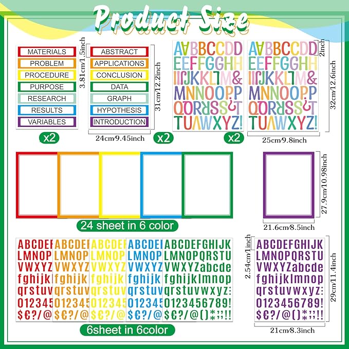 PerKoop 36 Sheets Science Fair Board Poster Boards Supplies 24 Self Adhesive Presentation Subtitles 4 Science Fair Project Titles 8 Personalized Letter Sticker for Classroom(Colorful)