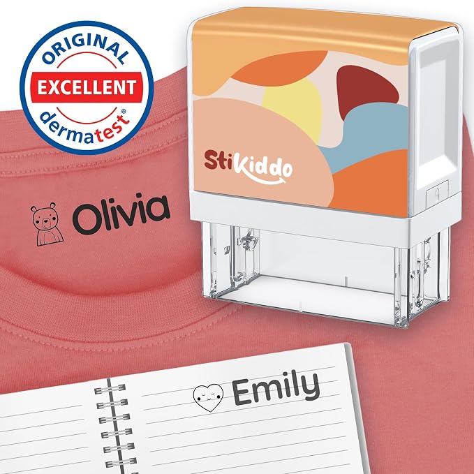 StiKiddo® Personalized Name Stamp for Clothing Kids Waterproof, Custom Name Stamp for Clothes, Paper & School Supplies, Customizable Fabric Stamp with Permanent & Waterproof Ink