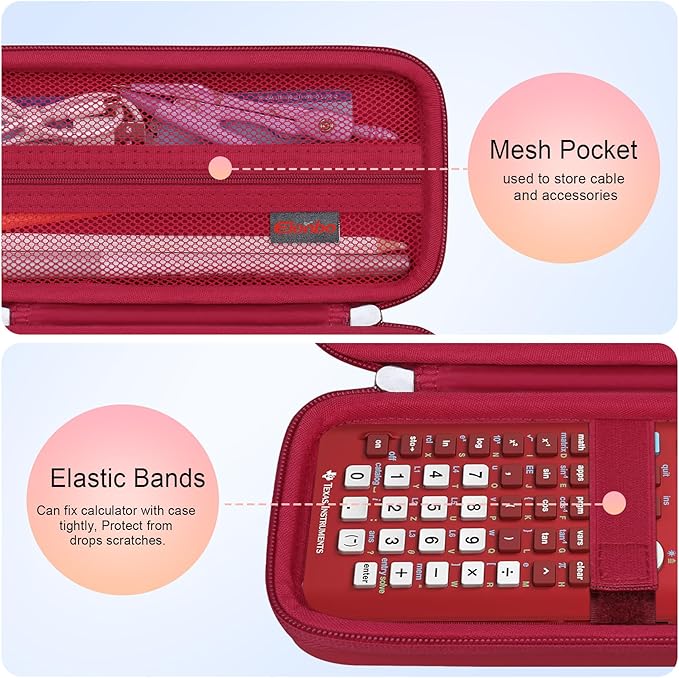 Elonbo Carrying Case for Texas Instruments TI-84 Evo Graphing Calculator, TI-84 Plus CE Evo Graphing Calculator Storage Protective Holder, Extra Mesh Pocket Fits Cable Charger, Red