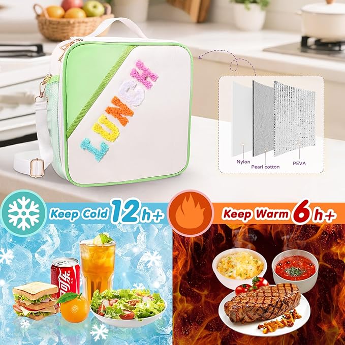 Nsrzua Lunch Bag Kids,Insulated Lunch Bag With Adjustable Shoulder Strap,Reusable Lunch Bag for Kids, Girls,Boys, lunch Bag Women,Preppy Lunch Box for School,Travel, Picnic (green)