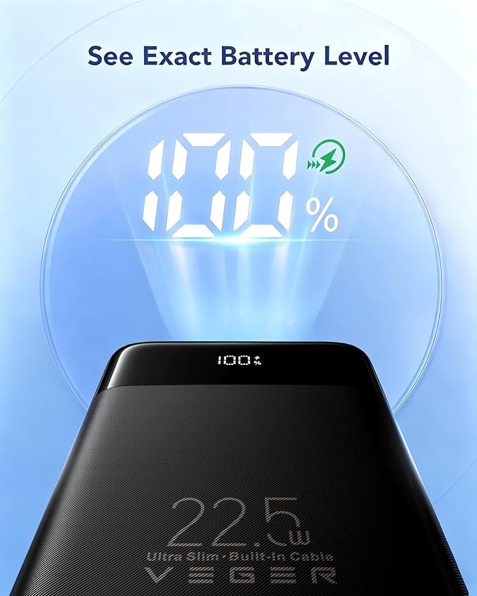 VEGER 22.5W Fast Charging Portable Charger, Slim 10000mAh Power Bank with Built-in Cables, Small USB C Battery Pack for iPhone iPad Samsung Galaxy Pixel LG Moto, Flight Safe, Travel Essential, Black