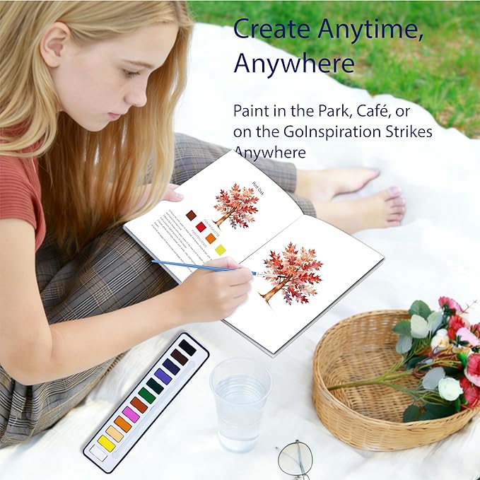 CraftyManor 2Pcs Watercolor Workbook Creative Water Color Paint Book Set with Paints & Brush, 12 Patterns of Original DIY Designs, Beginner-Friendly Adult Coloring Books(Cat & Tree)