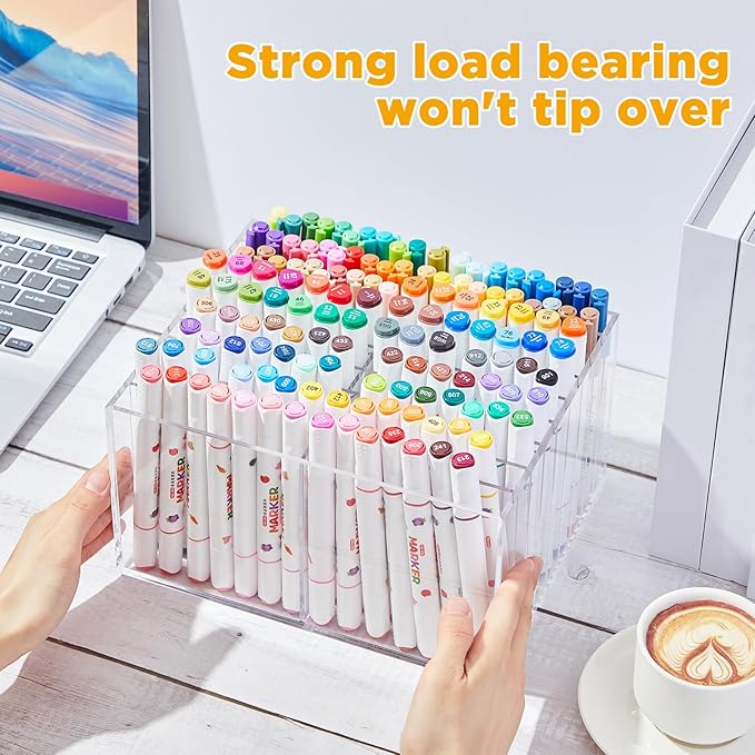 MotiMind Acrylic Marker Organizer for 126 Marker, Large Art Pencil Holder Storage Rack for Desk, Pens Art Brushes Display Stand with 18 Compartments for Desktop, Office (clear, 126 Capacity)