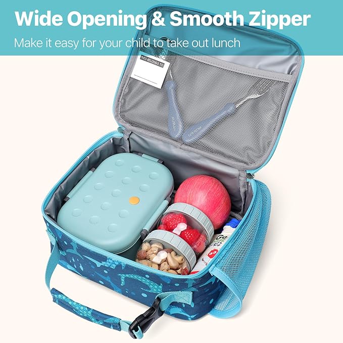 Bagseri Kids Lunch Bag Boys - Thermal Insulated Lunch Box Tote with Water Bottle Holder, Reusable Leak-Proof Kids Lunch Box for Daycare & School, Blue Shark (Containers Not Included)