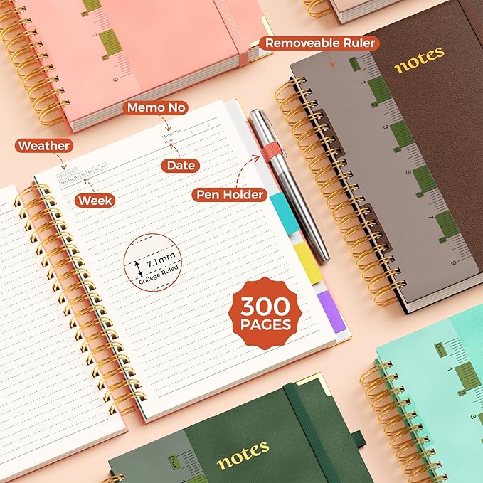 Line Hardcover Spiral Notebook with Removable Dividers Tabs & Ruler, 5 Subject Notebook College Ruled, 300 Page, Large 8"x10" B5 Notebooks for Work School, Lined Journal for Women & Men, Brown