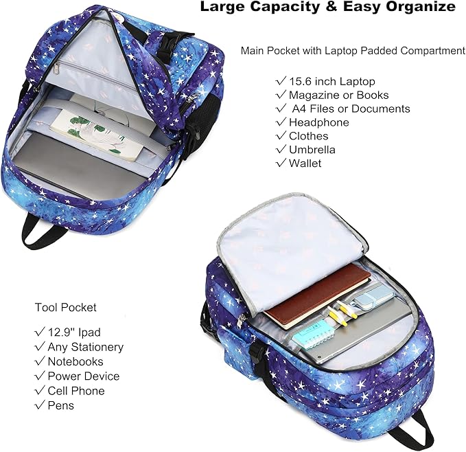 Hidds Laptop Backpacks 15.6 Inch College Backpack Elementary Middle High School Book Bag Cute Kids Bookbags Anti Theft Travel Back Pack Casual Daypack for Teens Girls Women Students (Galaxy Blue)