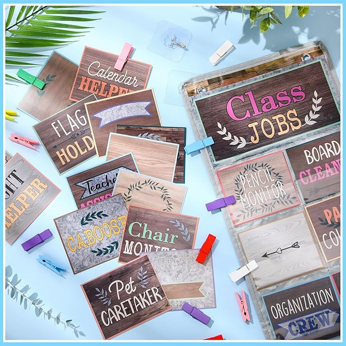 Blosssound Class Jobs Pocket Chart with 31 Cards 40 Colored Clips Classroom Teacher's Helper Management Educational Pocket Chart Bulletin Board Decorations Preschool Supplies (Farmhouse)