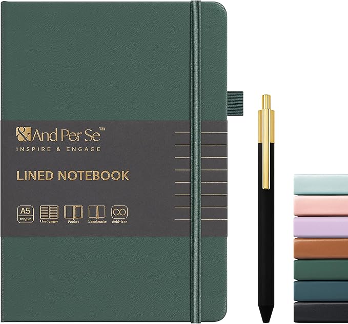 &And Per Se Lined Journal and Pen Set, A5 Leather Hardcover Notebook with Pen & Stationary Set, 160 Pages 100GSM Thick Ruled Paper Journal for Business Work Writing (Green)