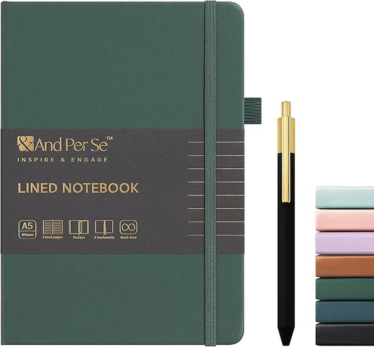 &And Per Se Lined Journal and Pen Set, A5 Leather Hardcover Notebook with Pen & Stationary Set, 160 Pages 100GSM Thick Ruled Paper Journal for Business Work Writing (Green)