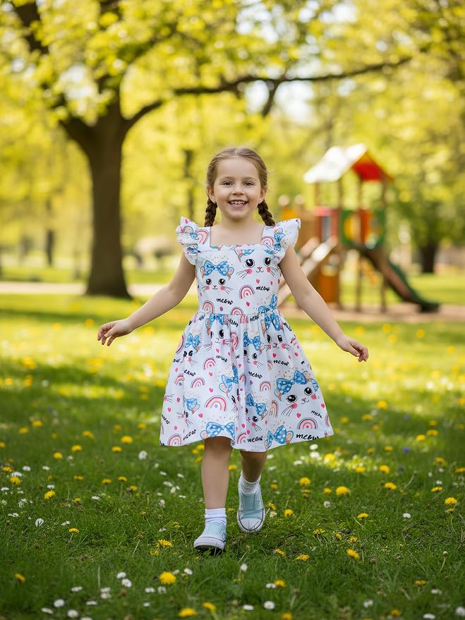 Popshion Girls Dresses Flutter Sleeve Swing Sundress Toddler Summer Clothes Kid Birthday Party Sleeveless Dress 1-8 Years Old