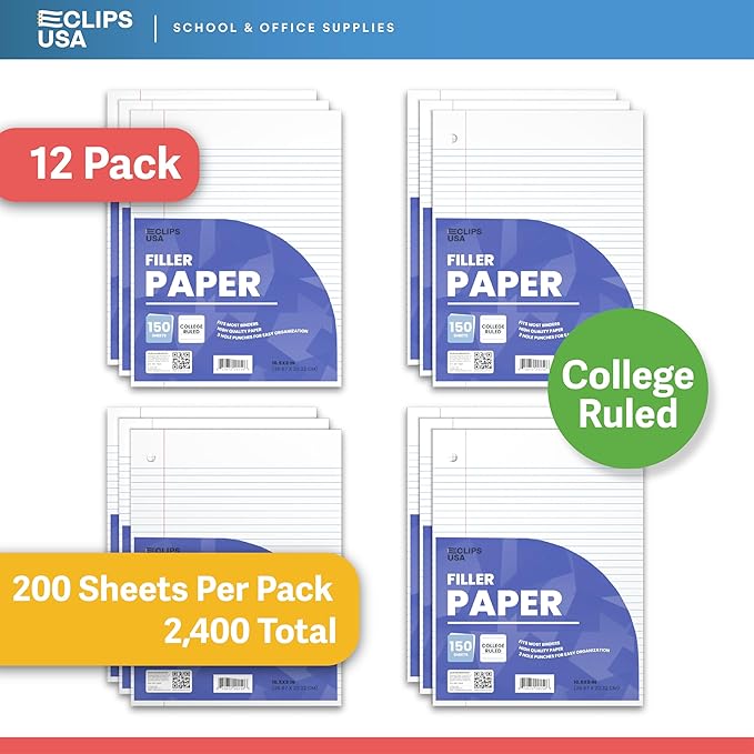 Loose Leaf Paper College Ruled Notebook Paper College Ruled Lined Writing Filler Paper 10.5” x 8” 2400 Sheets 200 Sheets Per Pack 60 gsm (12 Pack)