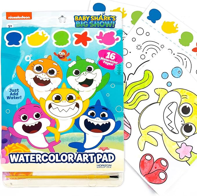 Horizon Baby Shark Watercolor Art Pad - Coloring Book & Painting Set - Shark Watercolor Painting Kit - Great Art Set for 3 Year Olds