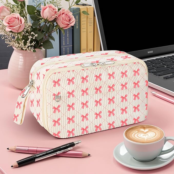 WOBAGMEN Cute Pencil Case,Large Corduroy Zippered Pencil Case Pouch, aesthetic Pencil Bag with Compartments, Pencil Pouch School Supplies (HY-corduroy pc-pink bow)