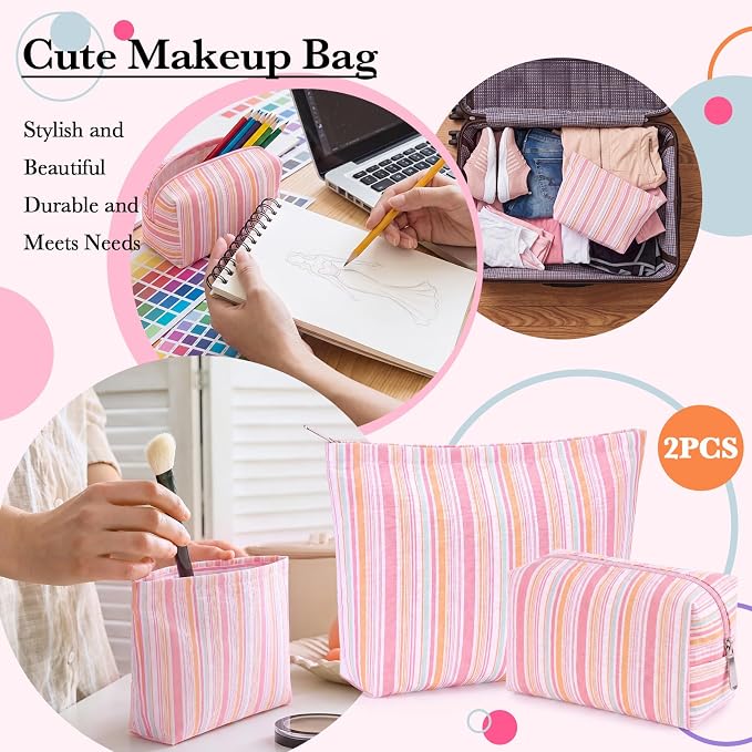 Huhumy 2 Pcs Striped Makeup Bag, Travel Toiletry Bag for Women, Aesthetic Cute Colorful Cosmetic Pouch, Seersucker Storage Organizer for Accessories, Essentials, Toiletries(Pink Orange Green)