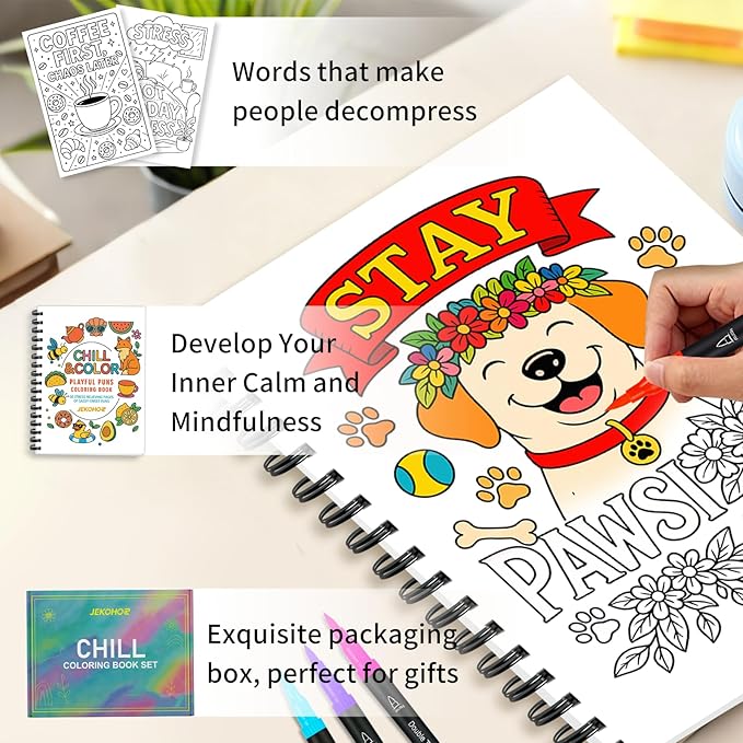 Jekohor Adult Coloring Book,Coloring Books for Adults Relaxation with 36 Markers,Funny Chill-Sweet Puns Includes 30 Pattern,Anxiety Relief-The Perfect Mindfulness Stress-Relieving Gifts for Women