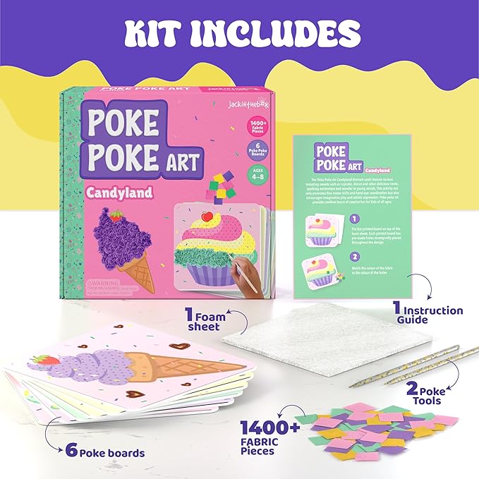jackinthebox Poke Poke Art for Kids - Candyland Theme, Mess-Free Fabric Art and Craft, Flower Pressing Kits, Gift for Kids, DIY Activity Boy Gift for Girls and Boys Ages 4 5 6 7 8