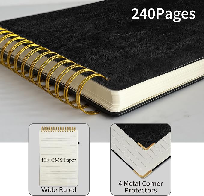 Steno Pads A5 Top Spiral Notebook, Leather Hardcover Top Bound Steno Pads, 240 Pages 100 gsm Thick Lined Paper Left Handed Notebook Journal for School,Work,Meeting Writing, Black