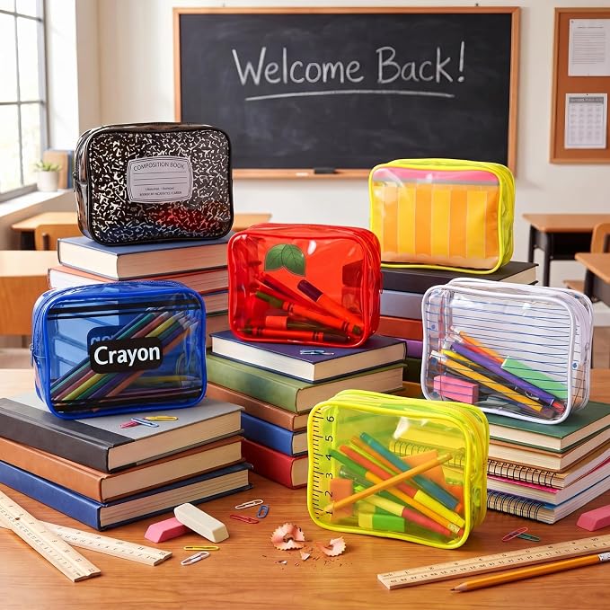 Suclain 6 Pack Back to School Teacher Gift, Teacher Survival Kit Bag, Stationery Zipper Cosmetic Pouches, Transparent PVC Pencil Case Waterproof Toiletry Makeup Bag for School Supplies, Travel