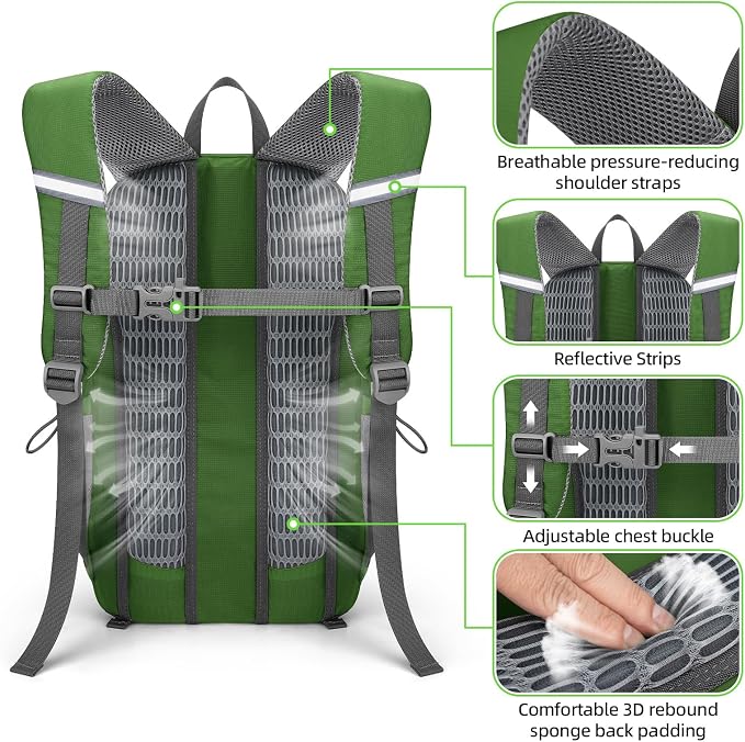 RealCool 20L Lightweight Hiking Backpack, Waterproof Daypack for Camping | 210D tear-resistant nylon, breathable shoulder and back panel, Multi-Compartment,hydration system,reflective strip,bungee net