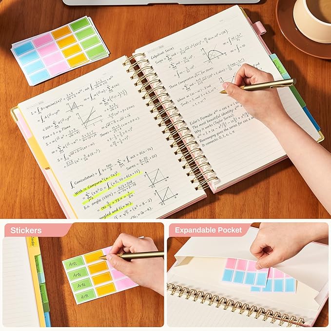Hardcover Spiral Notebook with 5 Removable Dividers Tabs 300 Pages Leather 5 Subject Notebook College Ruled 8"x10" Large B5 Notebooks for Work School Note taking Lined Journal for Women, Pink
