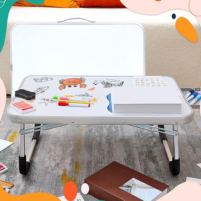Suzile 2 Pcs Portable Lap Desk with Dry Erase Board, 24" x 16" Foldable Study Tray with Drawer, Markers & Eraser, Whiteboard for Art, Homework, First Day & Back to School Supplies