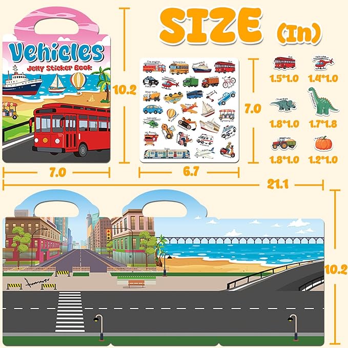 3 Sets Reusable Sticker Book for Kids, Jelly Sticker Books for Toddlers 2-4 Years, Airplane Train Car Travel Essentials Toys for Kids