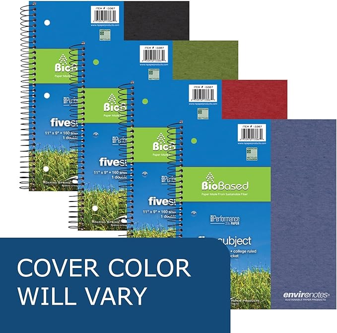 Roaring Spring Environotes Recycled Spiral Notebook, 5 Subject, 11" x 9", 160 Perforated Sheets, 20 lb Bio-Based Paper, College Ruled w/ Margin, Assorted Earthtone Covers, Double Pocket, 4 Dividers, Made in USA