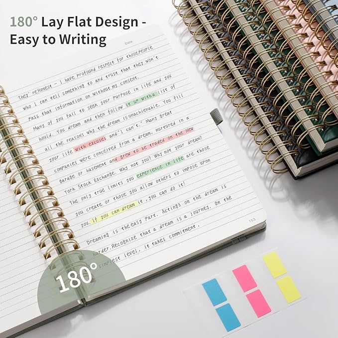 EMSHOI A5 Spiral Notebook College Ruled, Thick 300 Numbered Pages 100GSM Ink-Proof Paper, Faux Leather Hardcover Lay-Flat Lined Journal for Work Office School Writing, 5.7"x8.22", Light Green