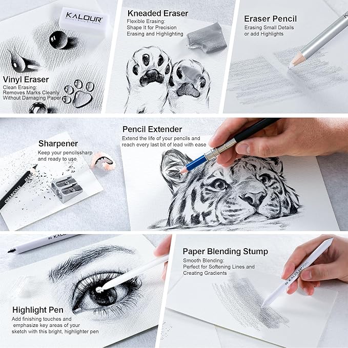 KALOUR PDAS 112 Drawing Set Sketch Kit, Pro Art Supplies with 3-Color Sketchbook, Graphite, Charcoal Pencils, Art Drawing Kit for Artists Adults Teens Beginners, Ideal for Shading & Blending