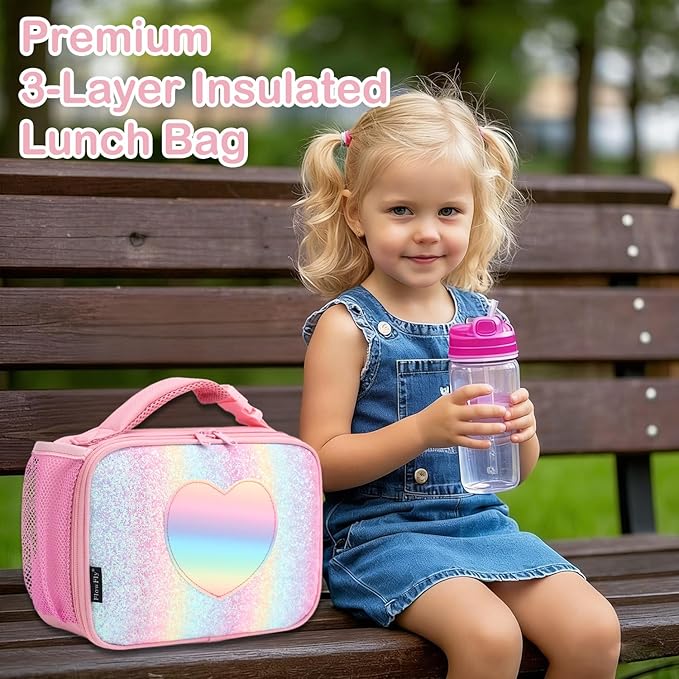 FlowFly Kids Lunch box Insulated Soft Bag Mini Cooler Back to School Thermal Meal Tote Kit for Girls, Boys, Glitter-RainBow