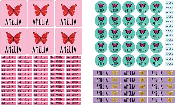 Andaz Press Custom Personalized Waterproof School Name Labels, Butterflies, 120-Pack, Kids Labels Combo Pack, Customizable Multi-Use Name Stickers for Preschool, Daycare, Back to School Supplies