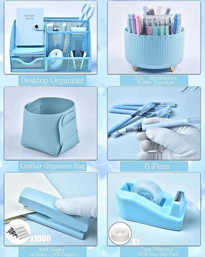20Pcs Blue Desk Organizers and Accessories With Mesh Desk Organizer and 360°Rotating Pen Holder and a Lot of Office Blue Office Supplies Beautifully Presented in a Gift Box