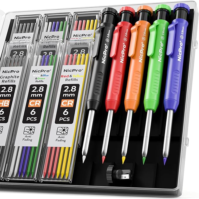 Nicpro 5 Pack Carpenter Pencil with Sharpener, Mechanical Carpenter Pencils with 41 Refills, Construction Pencil Heavy Duty Woodworking Pencils for Architect (Red, Black, Orange, Blue, Black)