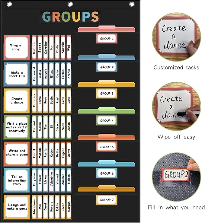 REGELETO Boho Small Group Management Pocket Chart with 114 Cards, Large Size 46 x 26.3 inch Classroom Small Group Organizer for School Teacher Homeschool Learning Supplies (Black)