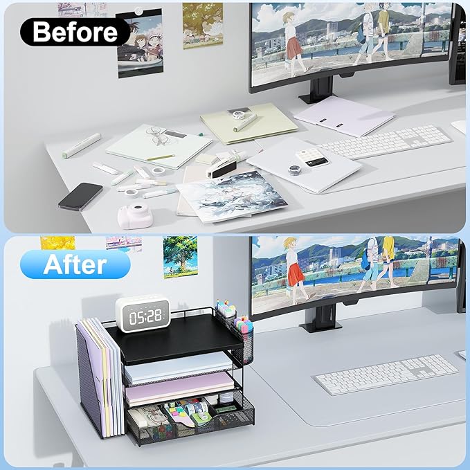 gianotter Wood Desk Organizers and Accessories with File Holder, 4-Tier Desk Accessories & Workspace Organizers with Drawer and 2 Pen Holder, Desk Reference Organizer (Black, 4T with Metal Drawer)