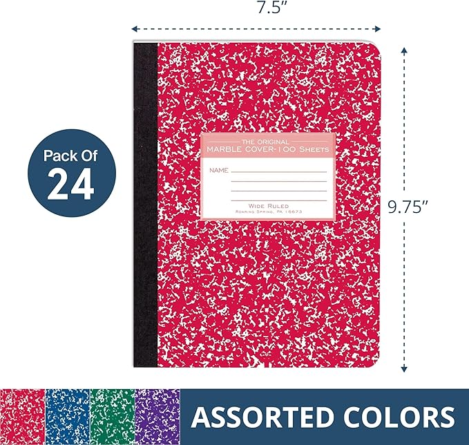 Roaring Spring Hard Cover Composition Notebook, 24 Pack, Assorted Colors Marble Comp Book, 9.75″ x 7.5″, Wide-Ruled with Margin, 100 Sheets (200 Pages)
