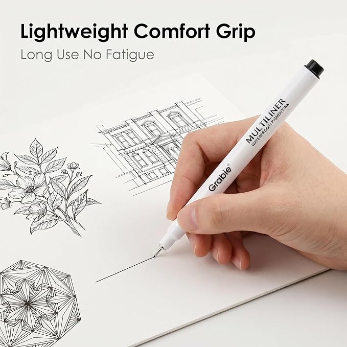 Grabie Micro Finerliner Pens, 6 Black Fine Line Waterproof Drawing Pens, Assorted Point Sizes for Sketching, Illustration, Journaling, Art Supplies