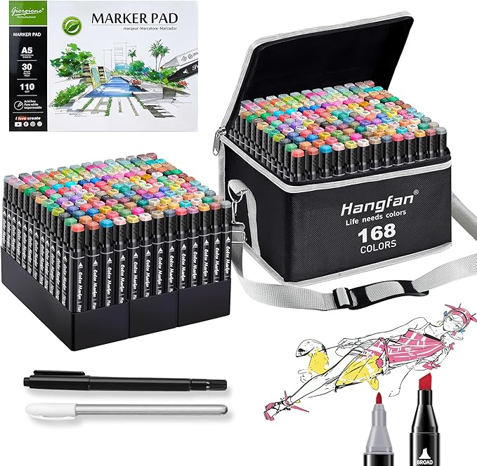 Alcohol Based Ink Art Markers, 168 Colors Broad&Fine Dual Tip Permanent Markers Pen Set for Professional Student Child Coloring Illustrations Sketch Drawing Painting Card Making (Black)