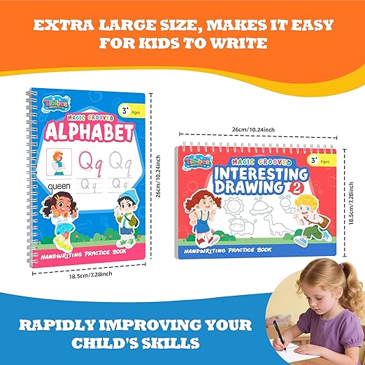 Magic Grooved Writing Practice for Kids Ages 3–8, Reusable Handwriting Workbooks with Deep Tracing Grooves – Letters, Numbers, Math & Drawing – Disappearing Ink Pens & Grips – Great Gifts for Kids