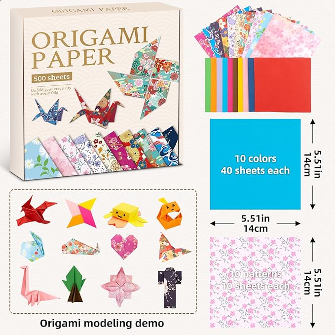 DoodleDoo Origami Paper Kit, Japanese Style Patterns Double Sided Color Origami, 500 Sheet Folding Paper Set, Gift for Kids Boys Girls
