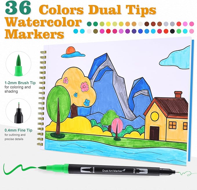 nauets 36 Colors Watercolor Markers with Coloring Book Set Brush & Fine Dual Tip No Bleeding Professional Paint Pens For Drawing Note taking Planner Calligraphy Journaling Card Making Art Supplies