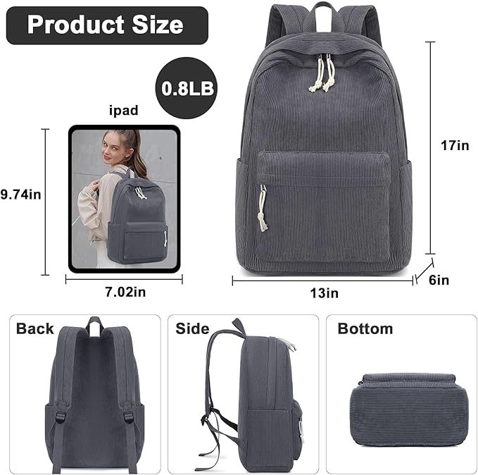 BTOOP School Backpack for Teens Large Corduroy Bookbag Lightweight 15.6 inch Laptop Bag for Girls Women Casual High School College