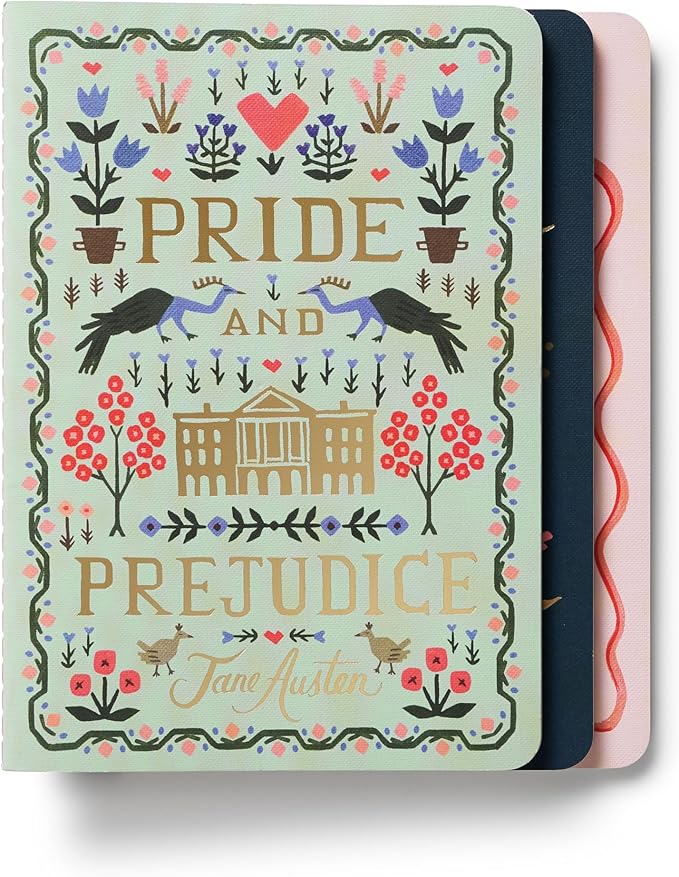 RIFLE PAPER CO. Assorted Set of 3 Jane Austen Notebooks, 8.5" L x 6" W, Set Of 3, 64 Ruled Pages With Gold Ink, Full-Color Die-Cut Canvas Cover With White Text Paper Interior