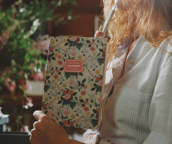 RIFLE PAPER CO. Dahlia Stitched Notebook Set, Assorted Set of 3 Notebooks, 64 Ruled Pages including Gold Ink, Full Color Canvas Cover with White Text Paper Interior, Lay-Flat Binding
