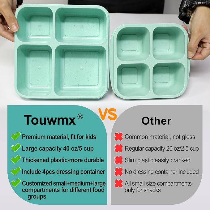 TOUWMX Original 40OZ Lunchable Container with Dressing Container, 4 Compartments Bento Box Lunch Box Microwave Safe Meal Prep Containers Snack Containers for Kids, 4 Pack Lunch Box for Adults