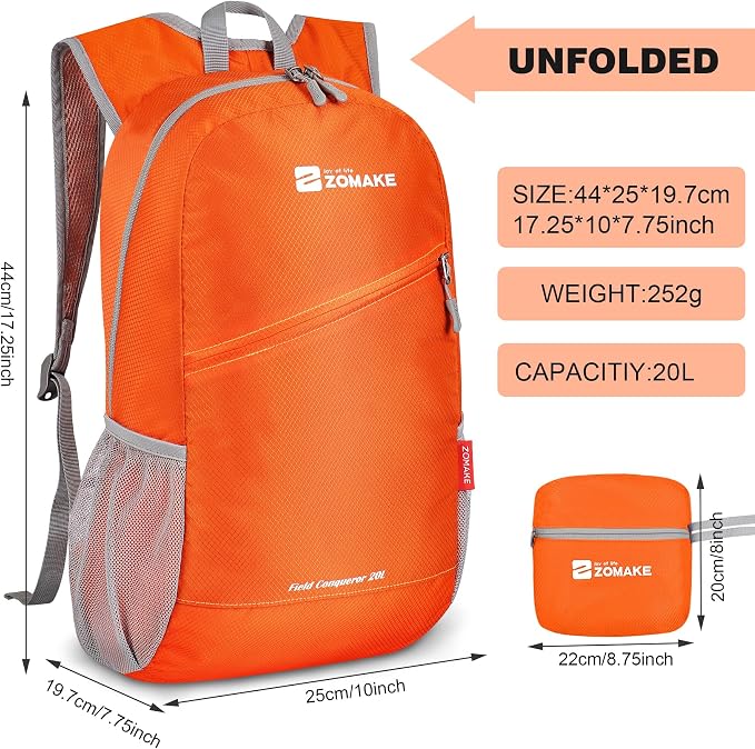 ZOMAKE Lightweight Packable Backpack 20L, Foldable Small Daypack for Hiking | Water Resistant Backpacks Day Bag for Travel Outdoor Camping Sport, Everyday Carry, Multi Compartment Storage(Orange)