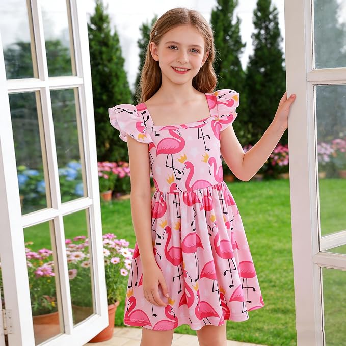 Popshion Girls Dresses Flutter Sleeve Swing Sundress Toddler Summer Clothes Kid Birthday Party Sleeveless Dress 1-8 Years Old