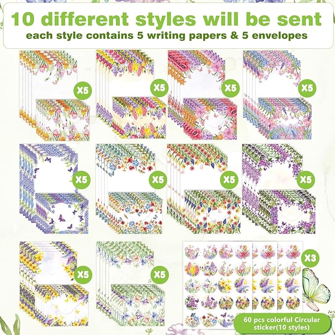 160 Pcs Stationery Paper Envelopes Set Includes 50 Writing Paper & 50 Envelopes with 60 Round Stickers, Cute Lovely Floral Letter Writing and Stationery Paper Envelopes for Girls Boy Office(10Style)