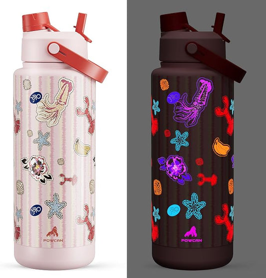 POWCAN 40 oz Insulated Water Bottle with 2-in-1 Straw and Spout Lid, Glow-in-the-Dark, 24H Cold, Leakproof, BPA-Free, Double Wall Stainless Steel for Sports, Gym, Travel, and School (Reef Carnival)