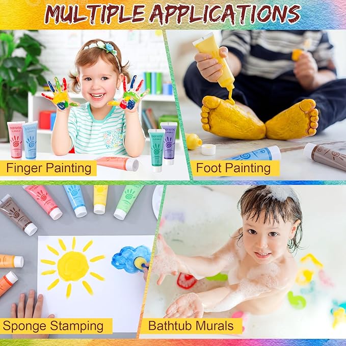 48 Pcs Washable Finger Paint Set for Kids Ages 3-12, Non-toxic Baby Safe Paint 12 Colors (1 Fl oz Each), Hand and Feet Painting Art Supplies, Preschool Learning Activities Gifts for Kids